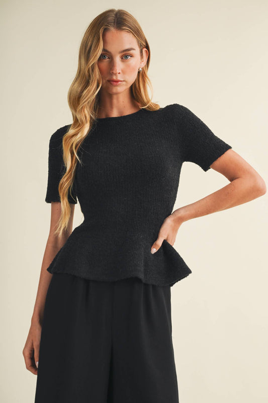 Midnight Bouclé Knit Peplum Pullover