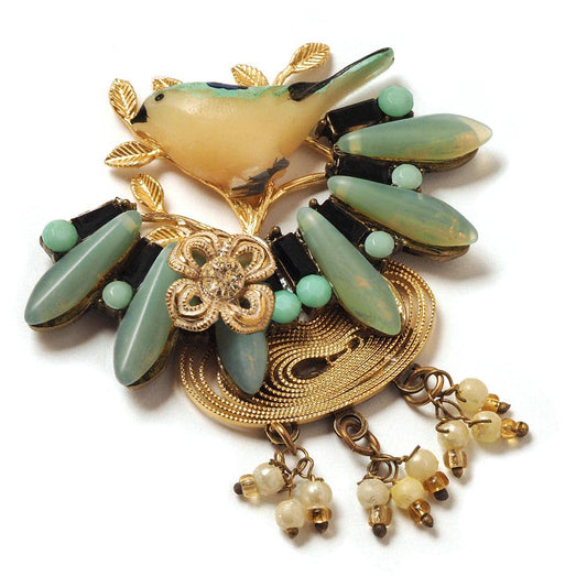 Bird on a Golden Branch Brooch with Pearl Drops