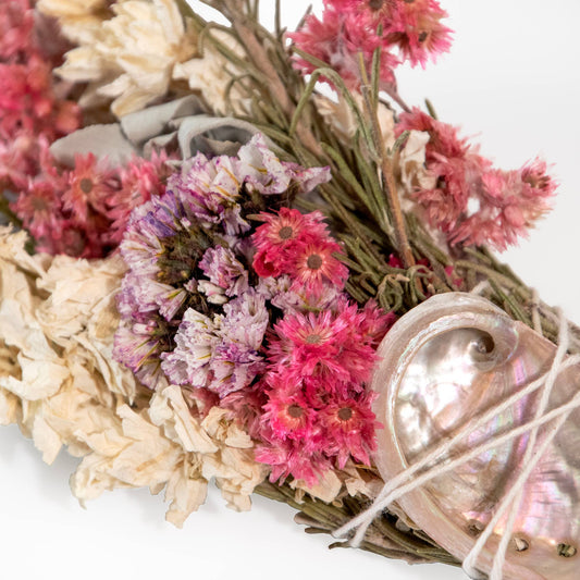 Pink & White Floral Smudge Wand with Shell