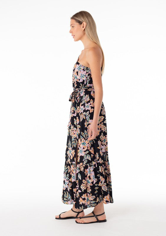 One Shoulder Tropical Print Dress