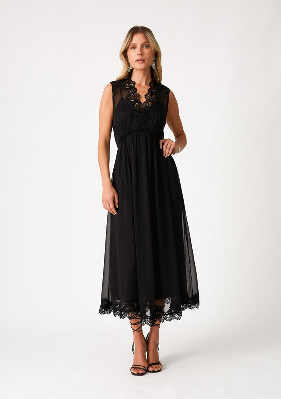 Sleeveless Lace Trim Midi Dress