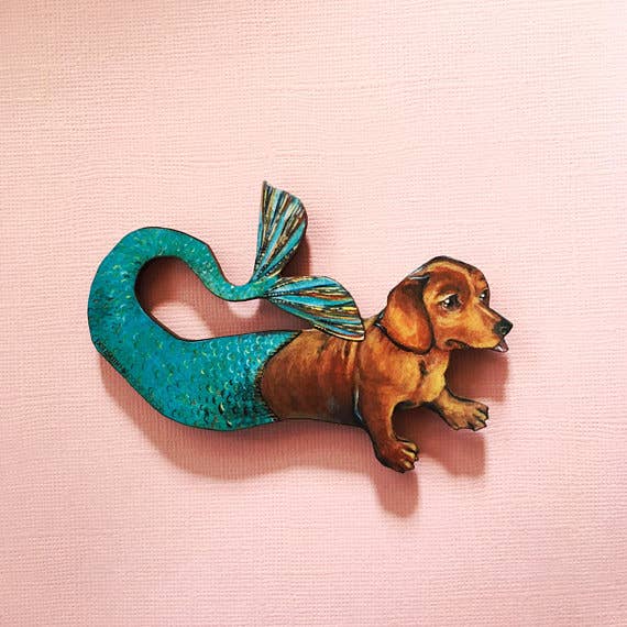 Dachshund Mermaid Laser Cut Wood Magnet