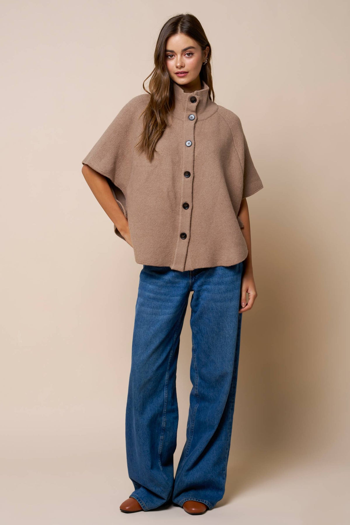 Taupe Button Down Knit Poncho