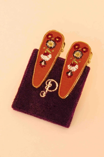 Embroidered Hair Clips Art Deco Floral - Tangerine