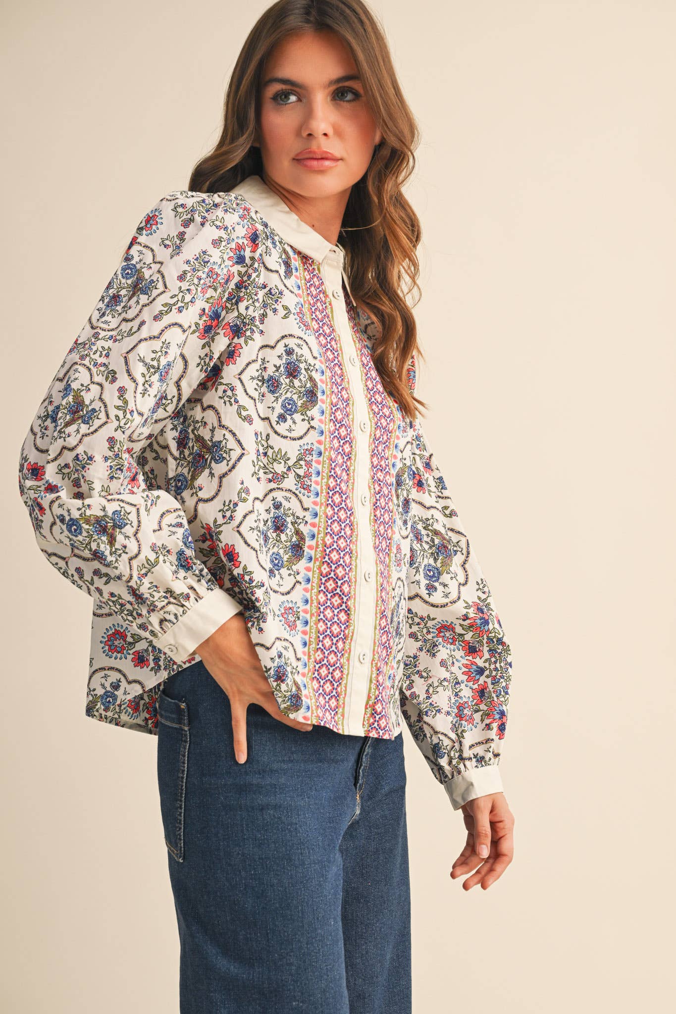Floral Border Button Up Blouse