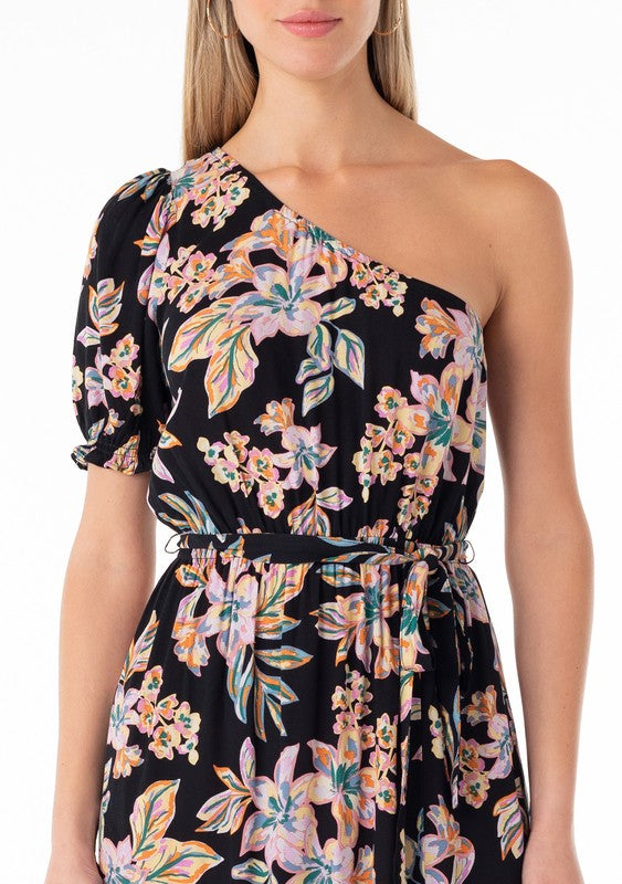 One Shoulder Tropical Print Dress