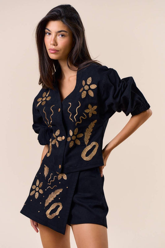 Gold Embroidered Button Down Top