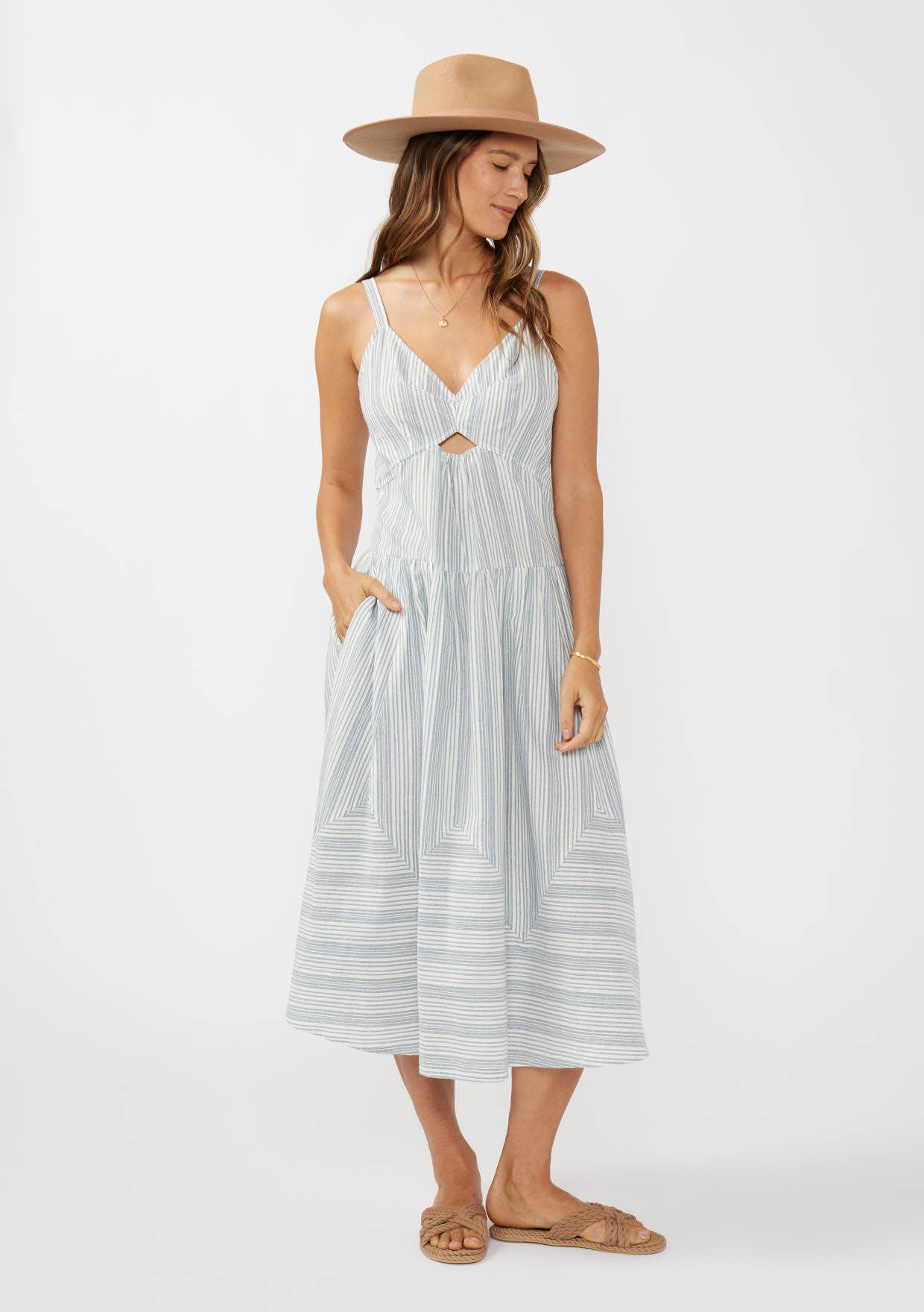 Striped V-Neck Midi Dress with Cutouts
