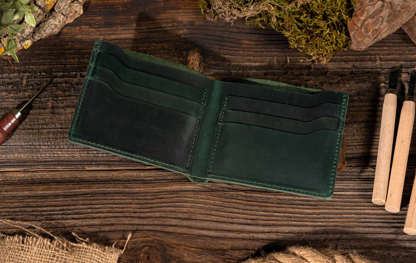 Handmade Bifold Leather Wallet - Forest