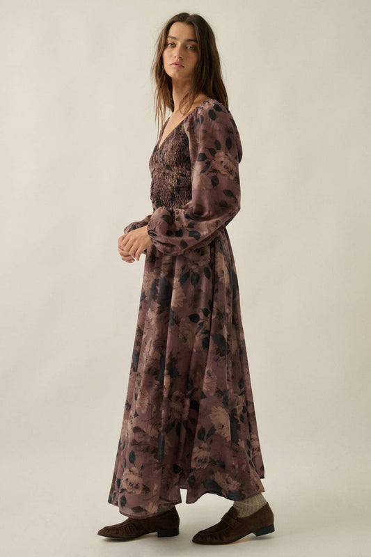 Romantic Brown Blossoms Sweetheart Maxi Dress