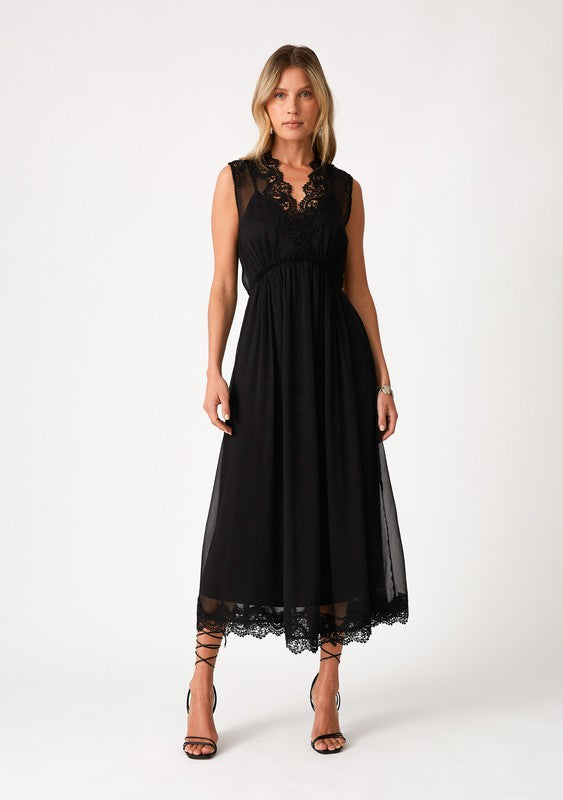 Sleeveless Lace Trim Midi Dress