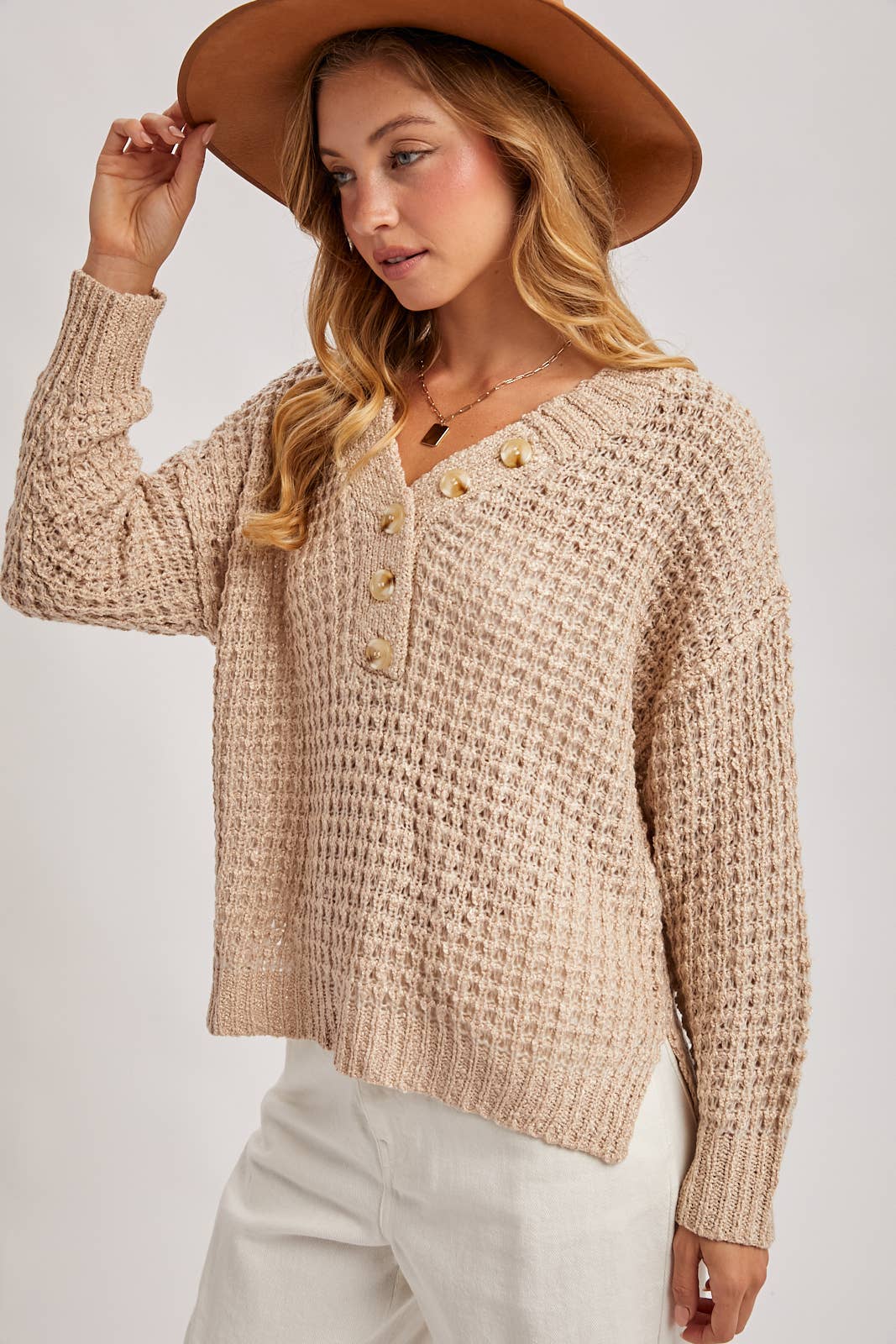 Beige Thermal Henley Sweater