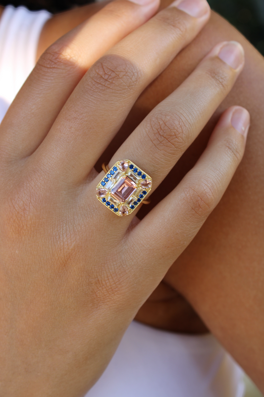 Sapphire Morganite Art Deco Cocktail Ring