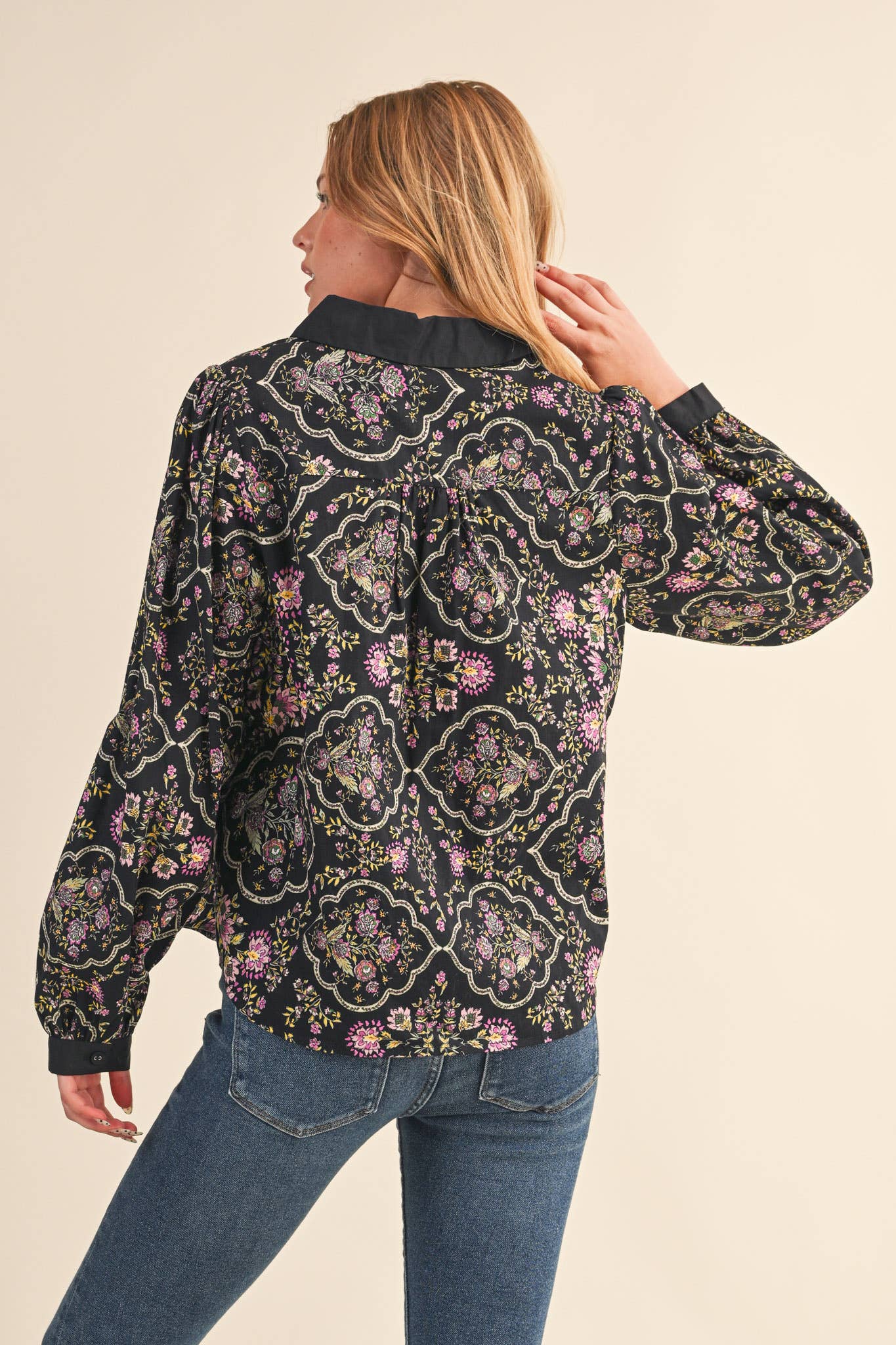 Floral Border Button Up Blouse