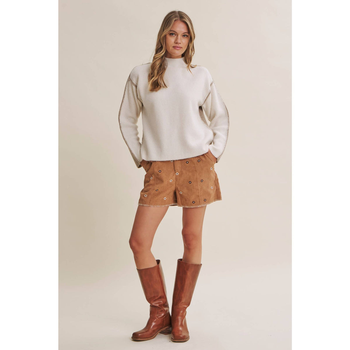 Latte Color Block Mock Neck Sweater