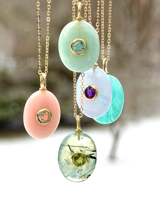 Oval Charm Cable Necklace - Lace Agate & Amethyst