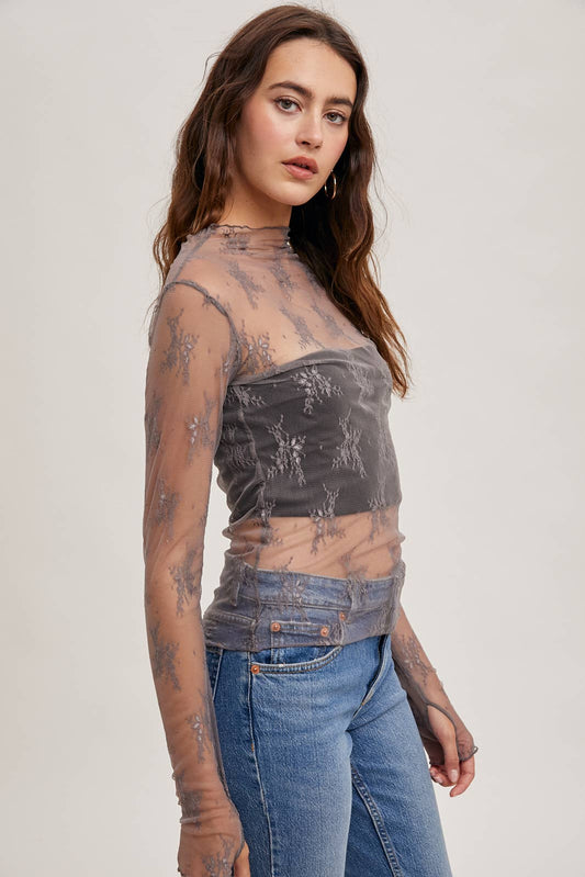 Mauve Floral Lace Mesh Top