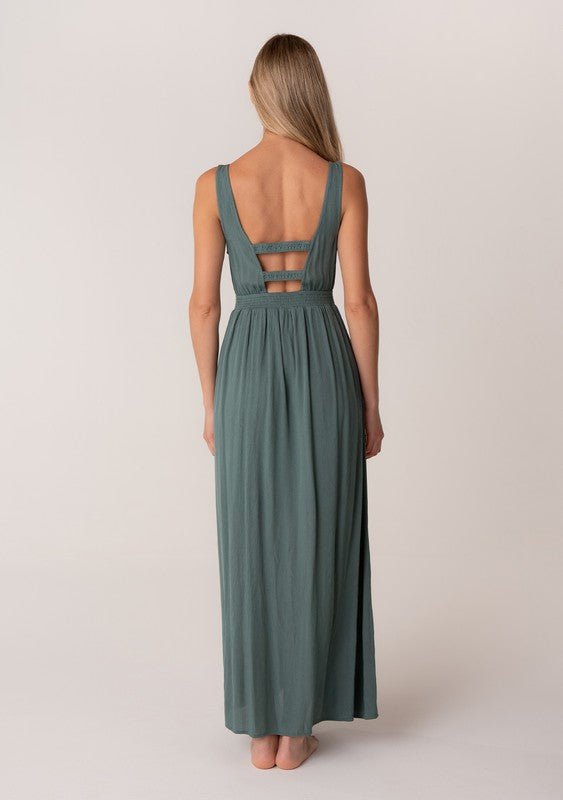Sleeveless V Neck Button Front Maxi Dress