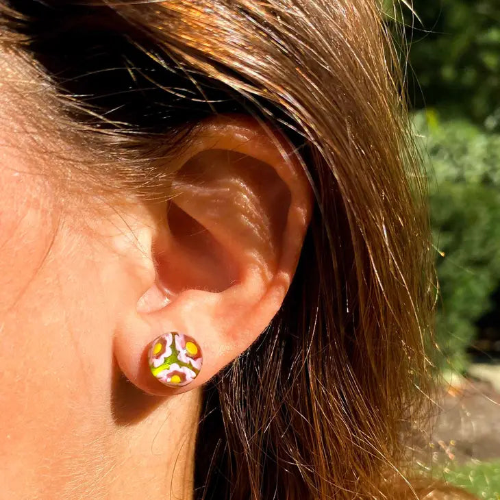 Pink Flowers Glass Stud Earrings