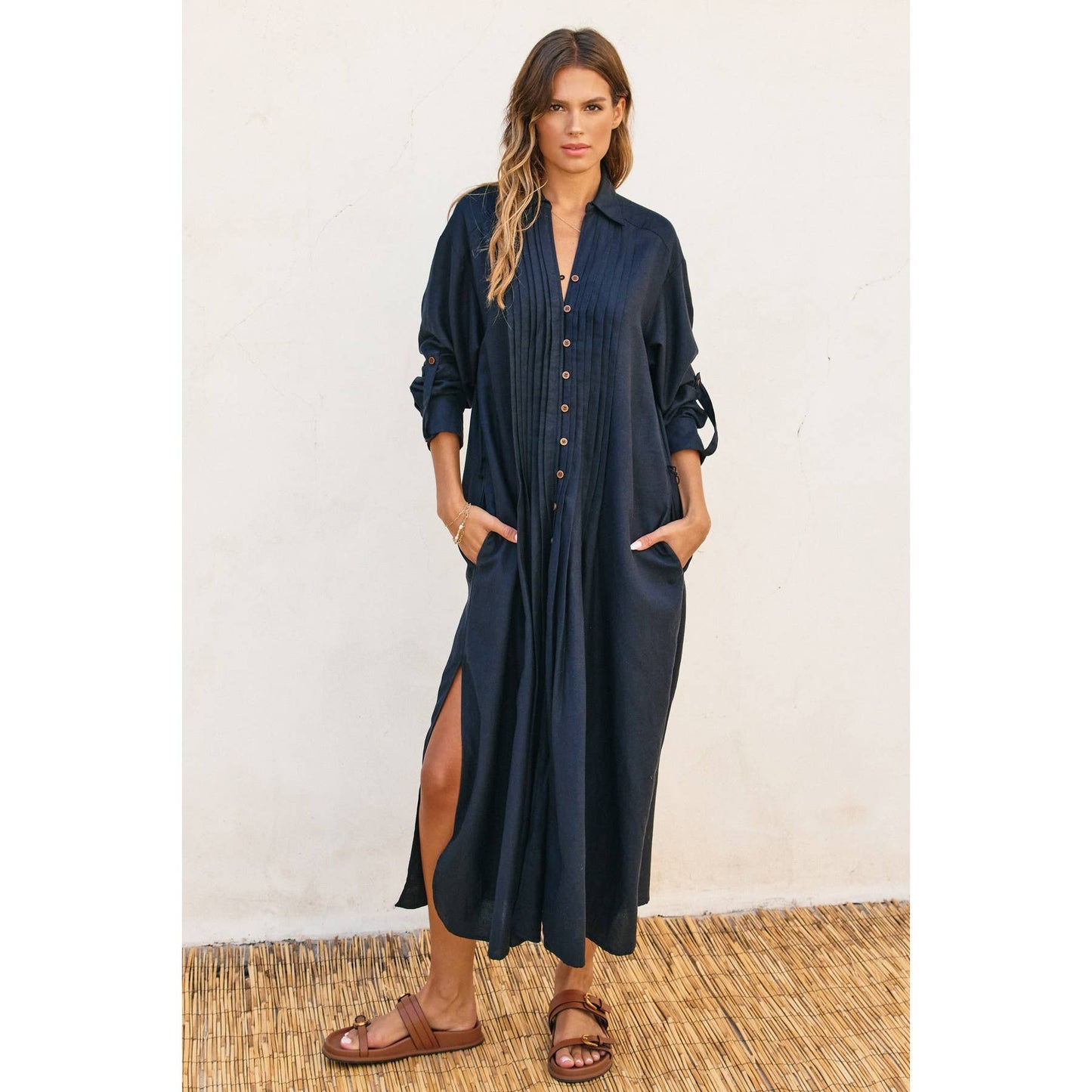 Pleated Longline Shirt Dress