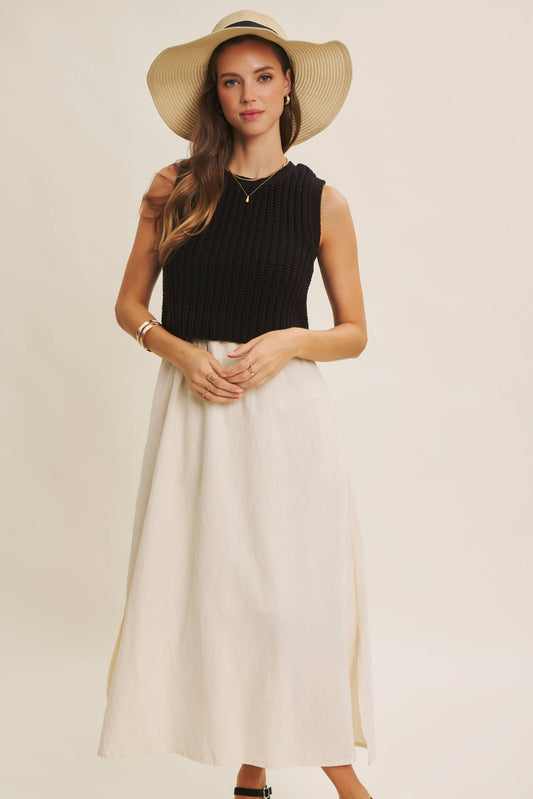 Sweater Knit Contrast Woven Skirt Dress