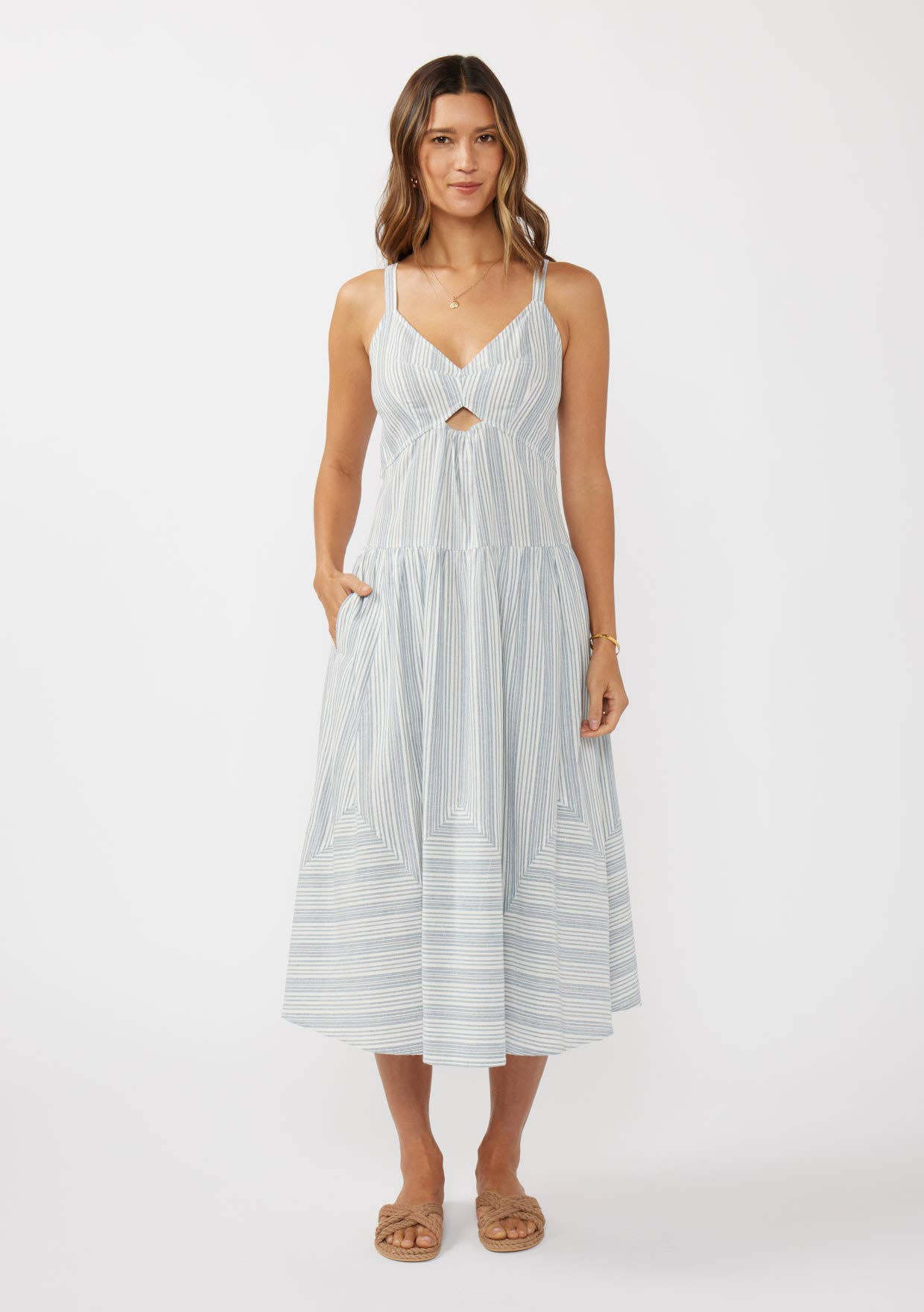 Striped V-Neck Midi Dress with Cutouts