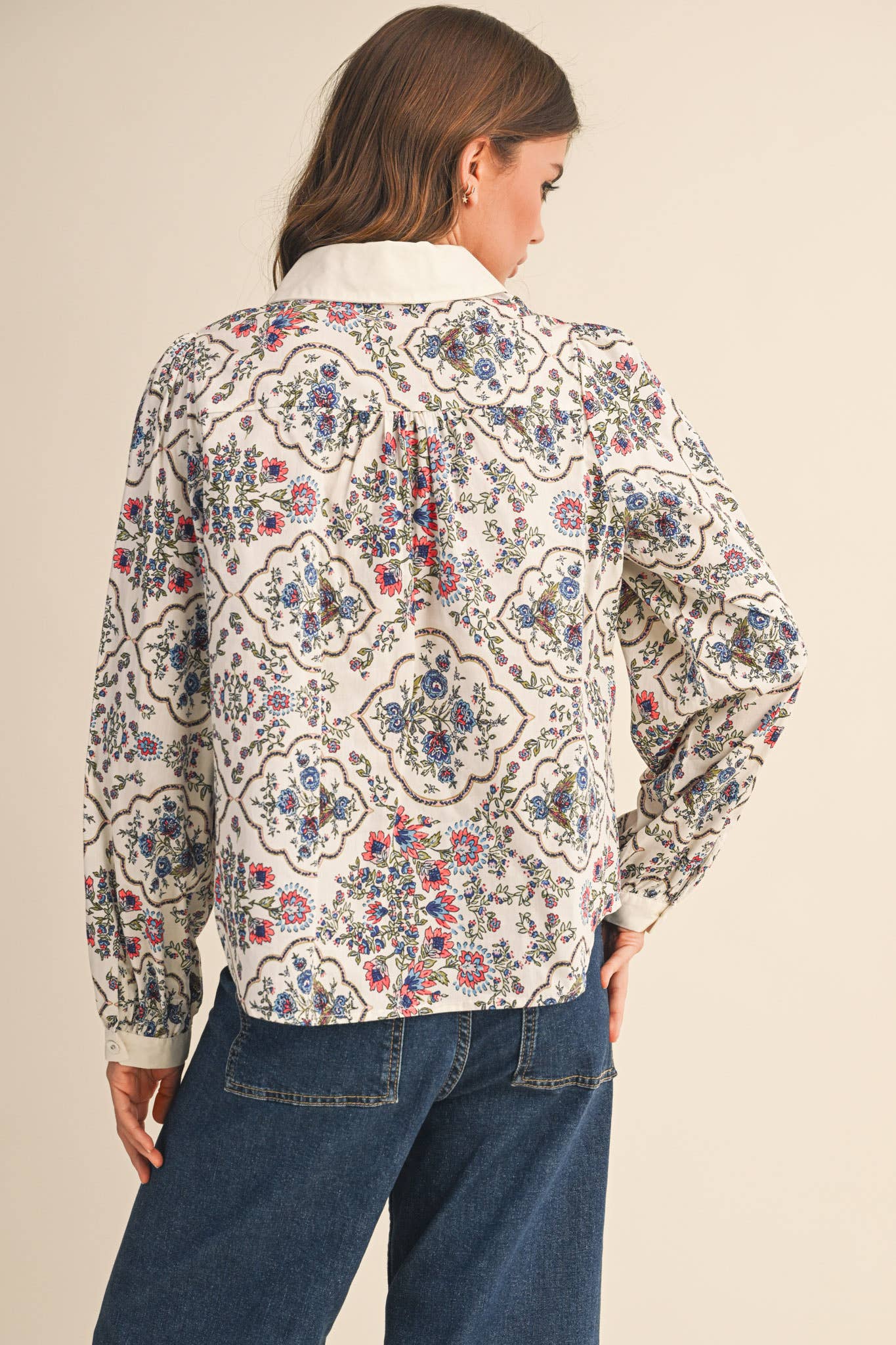 Floral Border Button Up Blouse