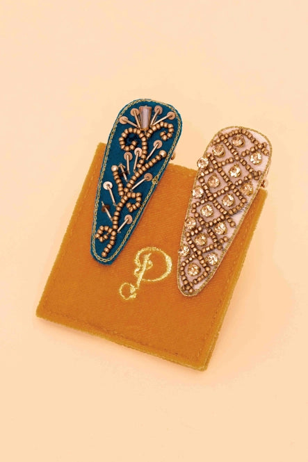Jeweled Hair Clips Teal & Vanilla