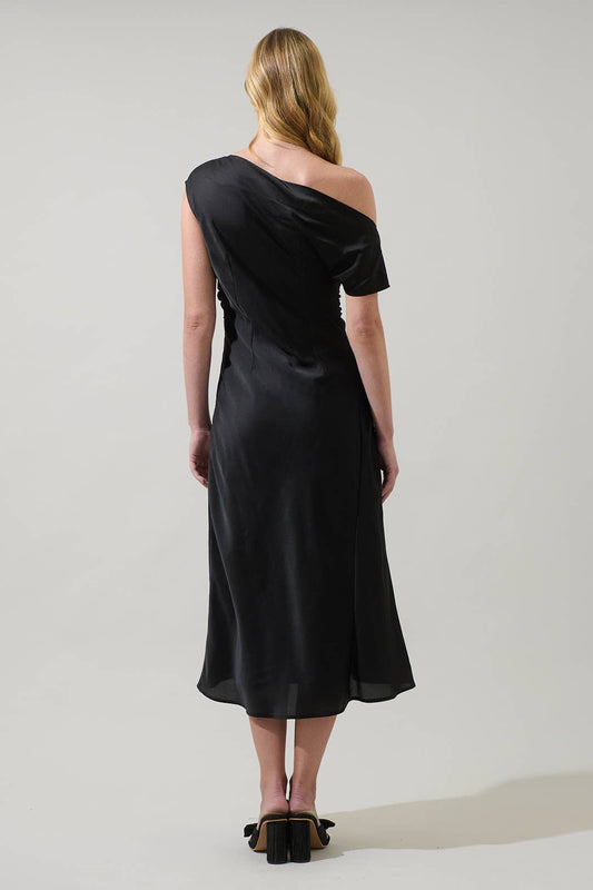 Rizzo Satin Off The Shoulder Midi Dress