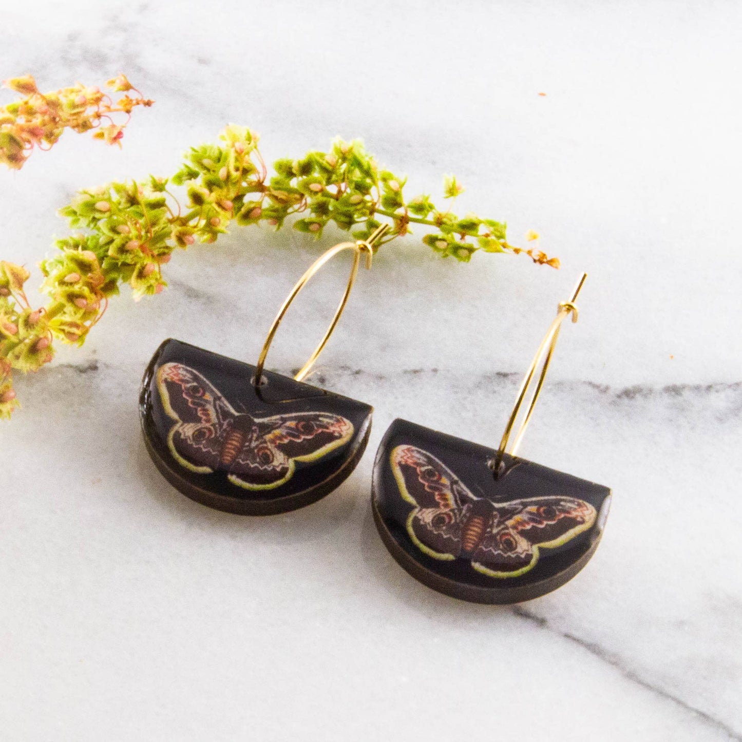 Peacock Moth Drop Hoop Earrings