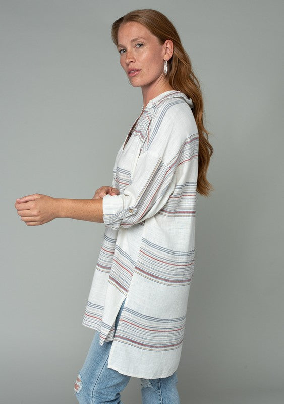 Linen Blend Striped Collared Tunic