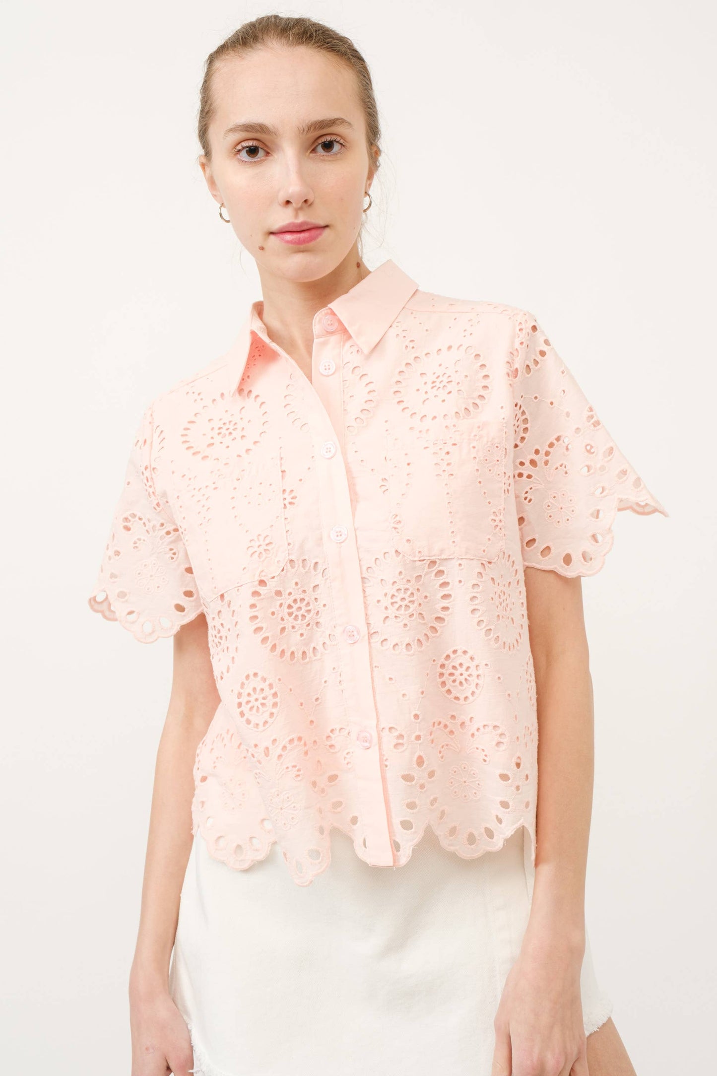 Peach Scallop Lace Button Down