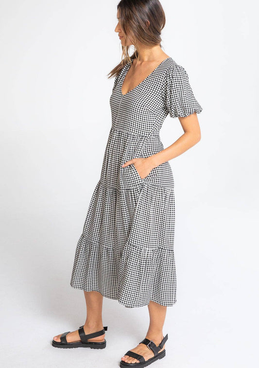 Gingham Open Back Tiered Midi Dress