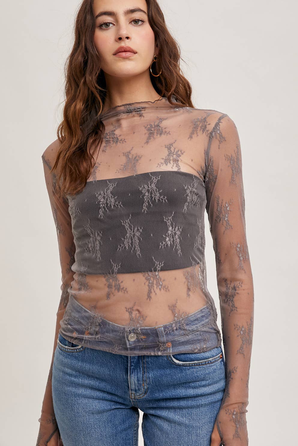 Mauve Floral Lace Mesh Top