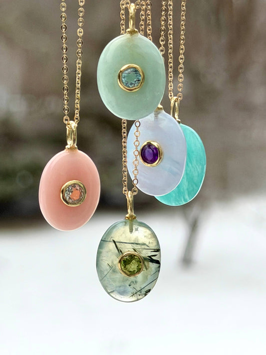 Oval Charm Cable Necklace - Pink Opal & White Topaz