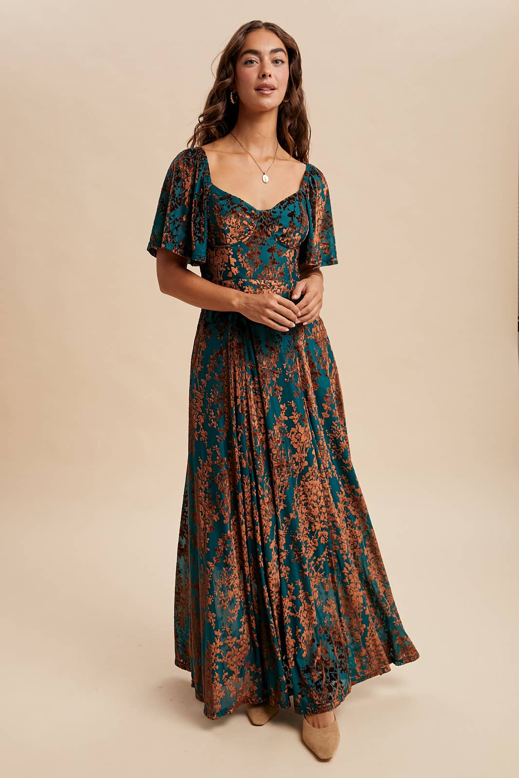 Burnout Velvet Flutter Maxi Dress