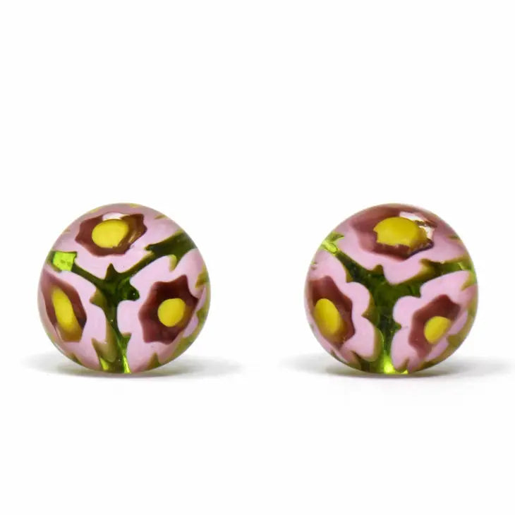 Pink Flowers Glass Stud Earrings