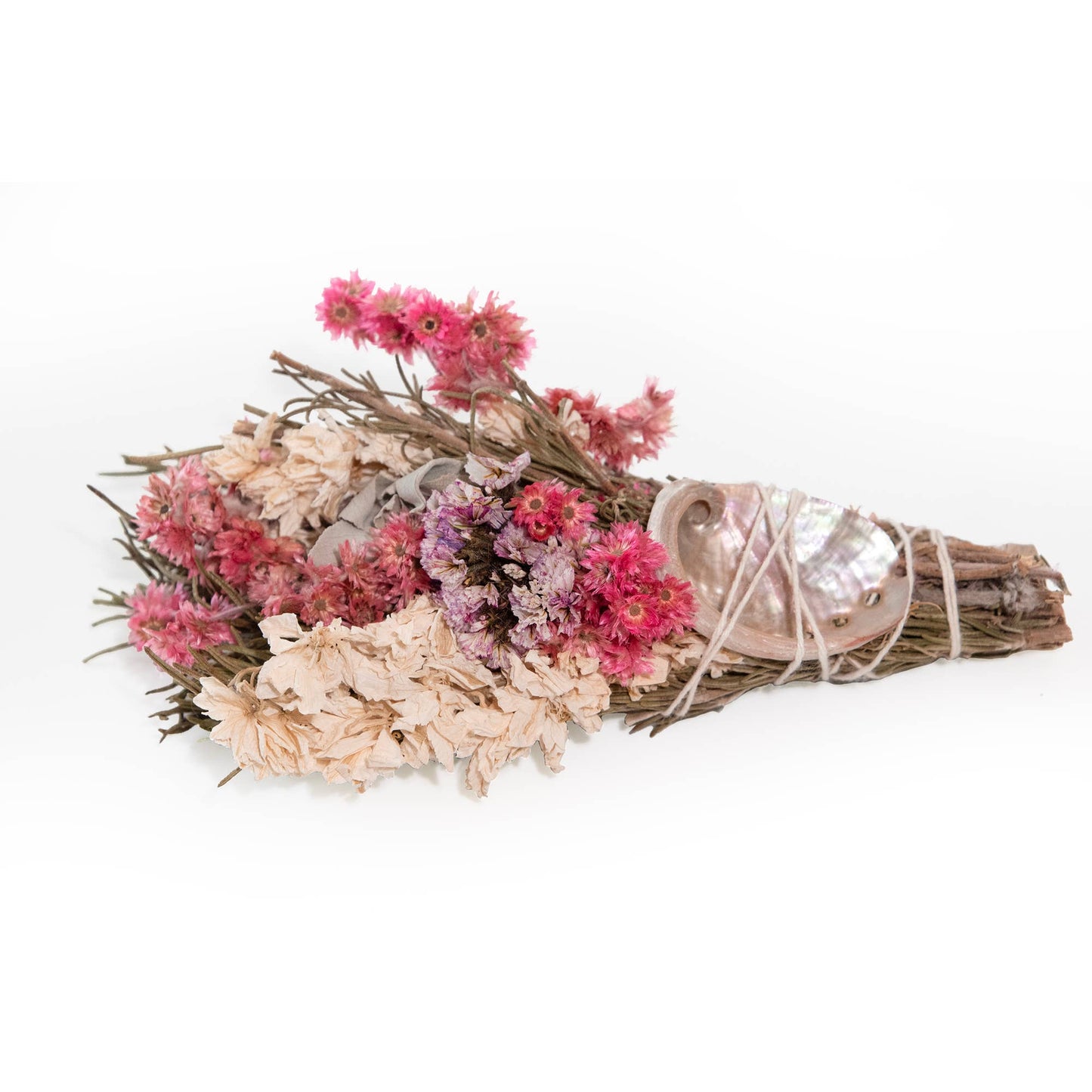 Pink & White Floral Smudge Wand with Shell