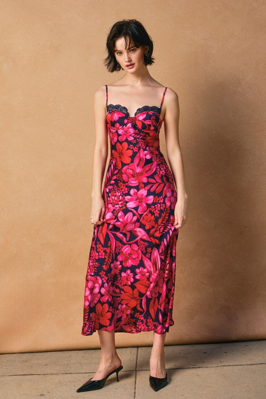Luminous Lace Trim Slip Midi Dress