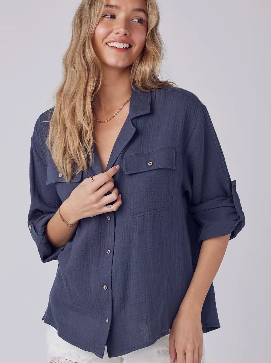 Gauzy Button Up - Blue Granite