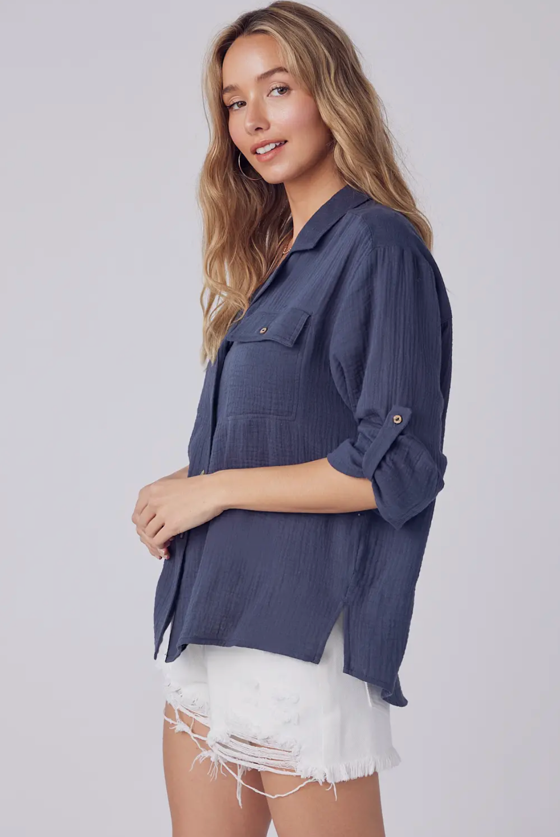 Gauzy Button Up - Blue Granite