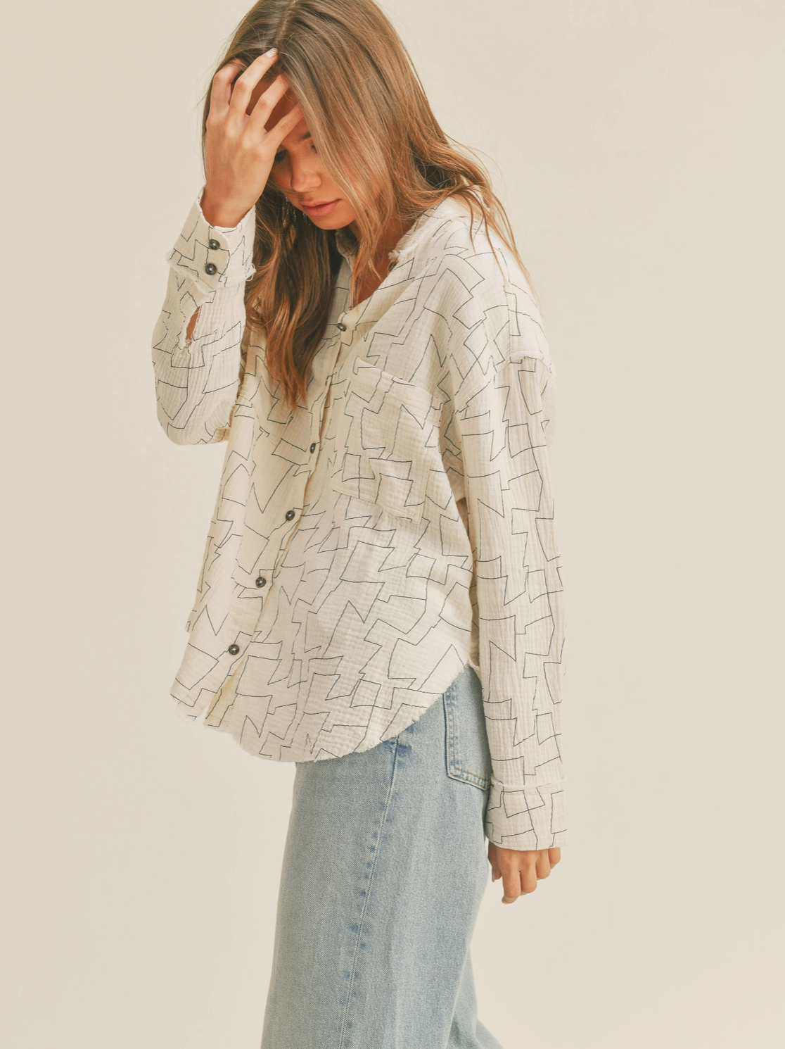 Gauzy Geo Button Up Top