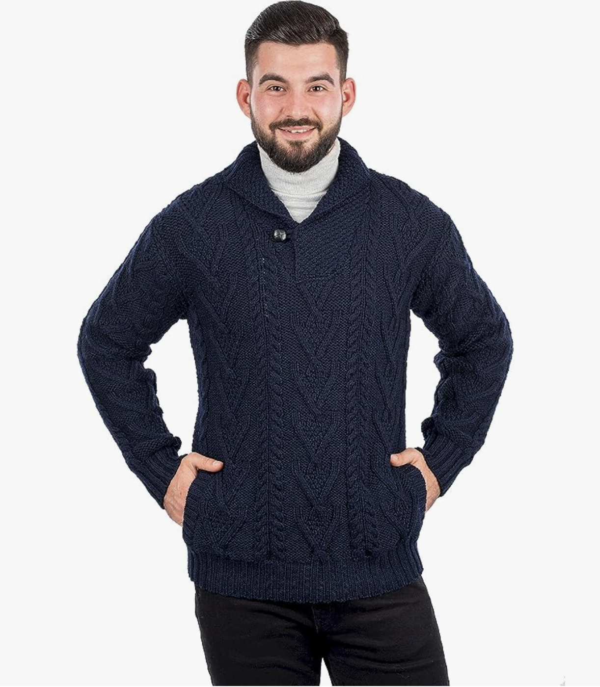Merino Wool Shawl Collar Sweater - Navy