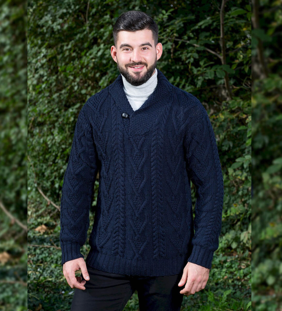 Merino Wool Shawl Collar Sweater - Navy