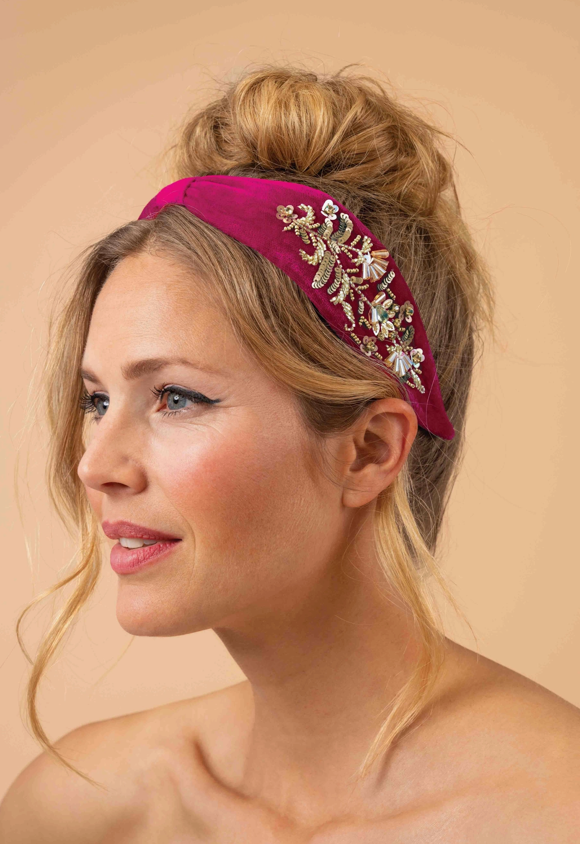 Velvet Embellished Headband - Golden Wildflowers, Wild Rose