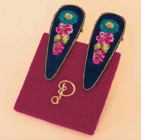 Embroidered Hair Clips - Vintage Floral, Navy