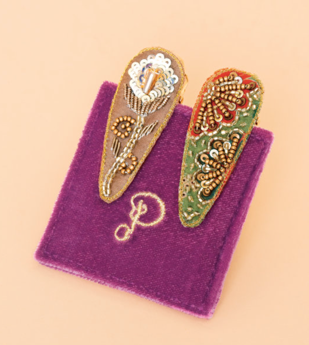 Floral Stem & 60s Abstract Hair Clips - Sage