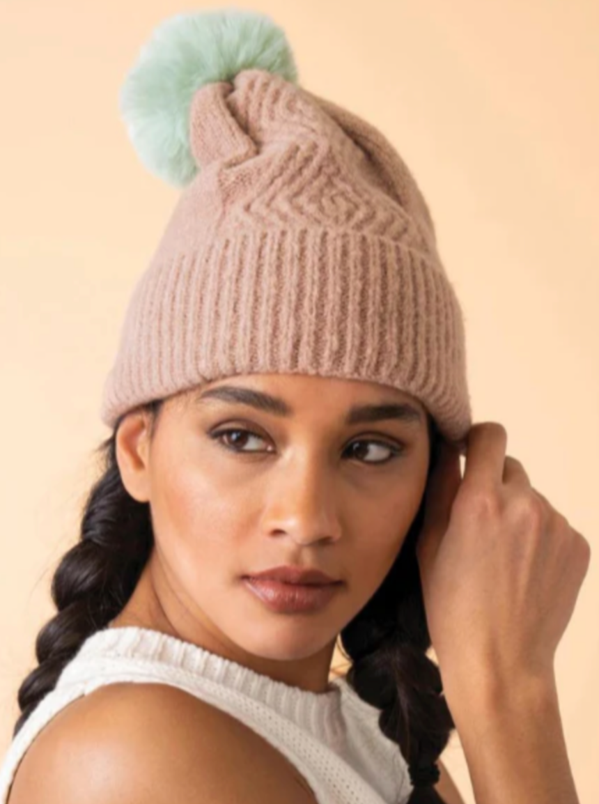 Ingrid Bobble Hat - Taupe & Aqua