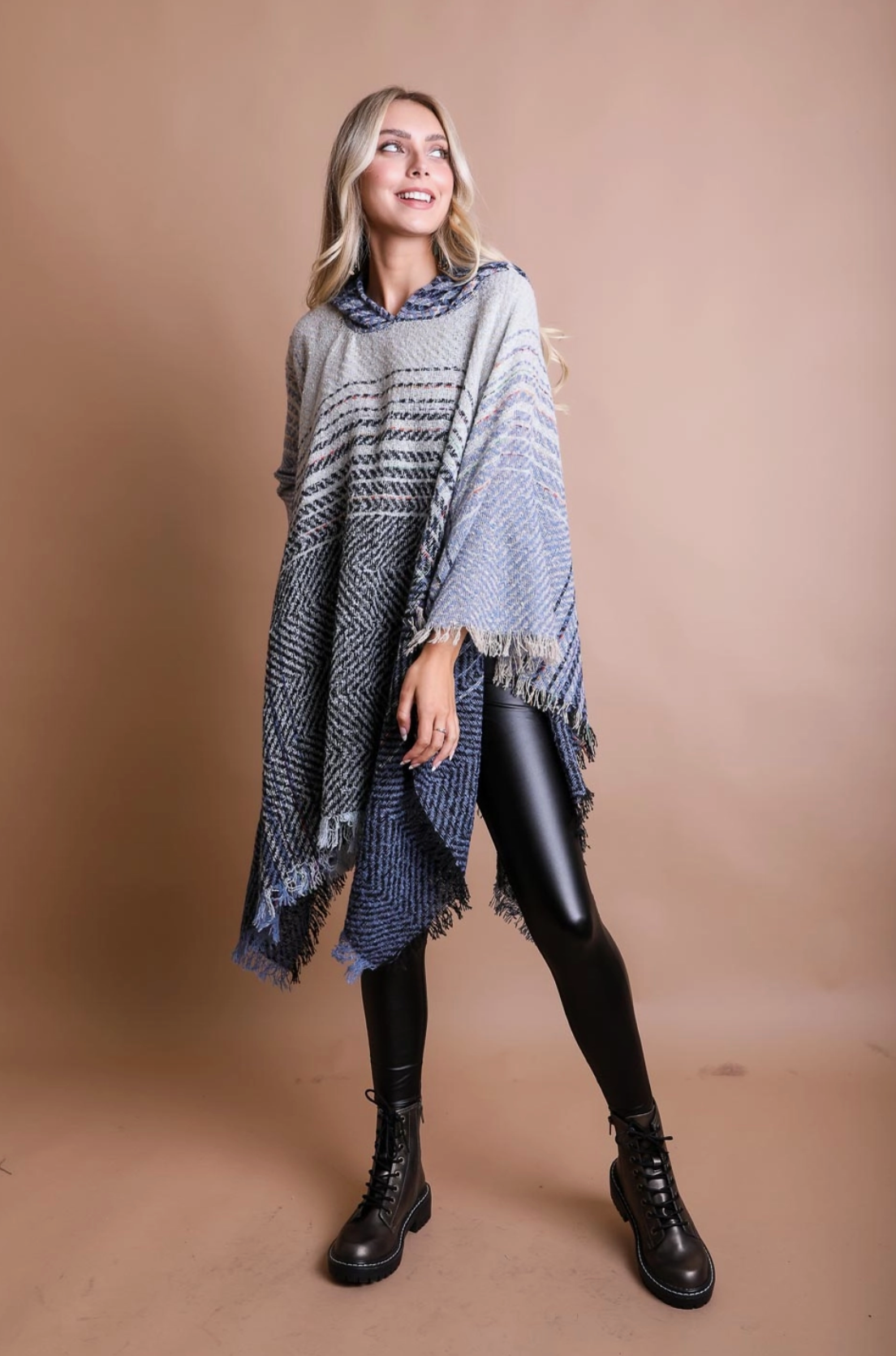 Herringbone Hooded Poncho - Blue