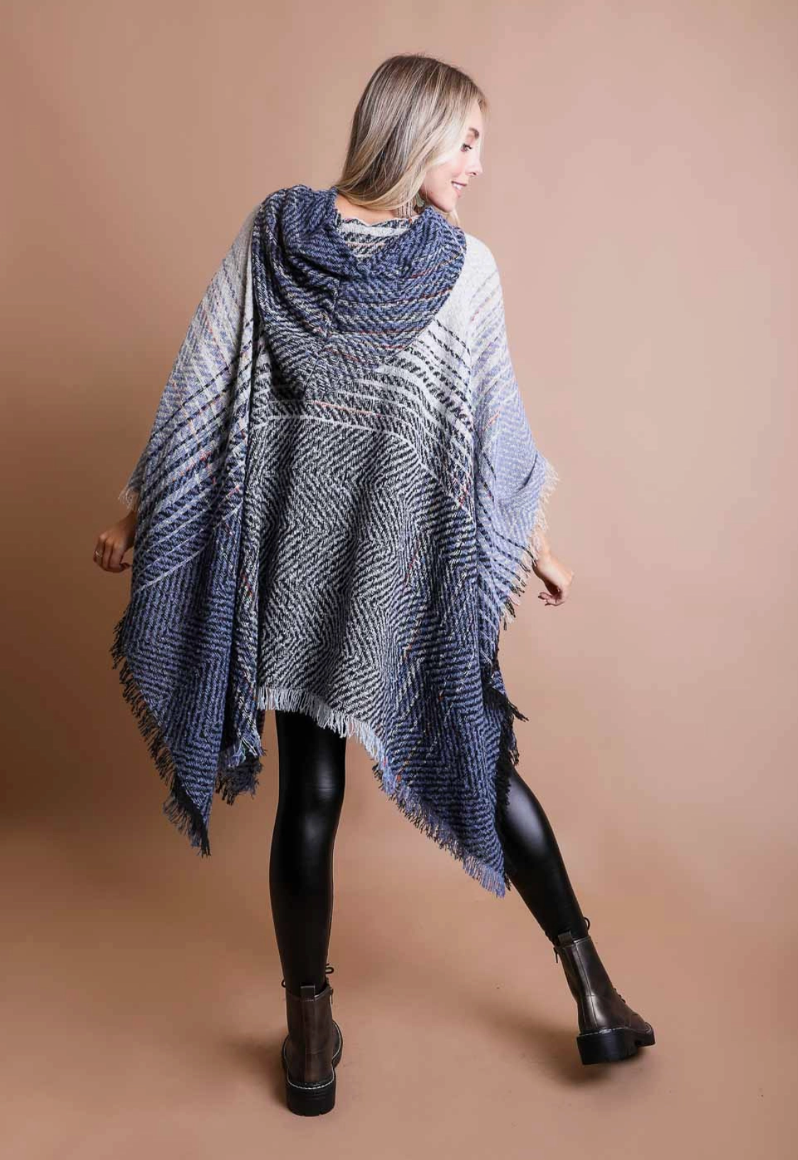 Herringbone Hooded Poncho - Blue